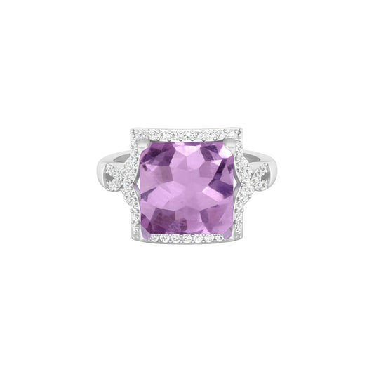 Pink Amethyst Ring with White Diamond in 18Kt White Gold 4.11cts