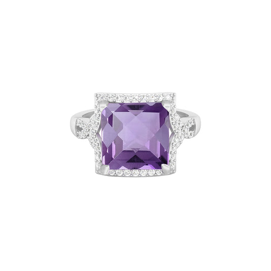 Pink Amethyst Ring with White Diamond in 18Kt White Gold 4.11cts