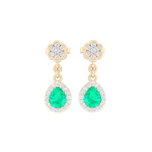 Zambian Emerald Drop Earrings with White Diamond in 18Kt Gold 0.85cts