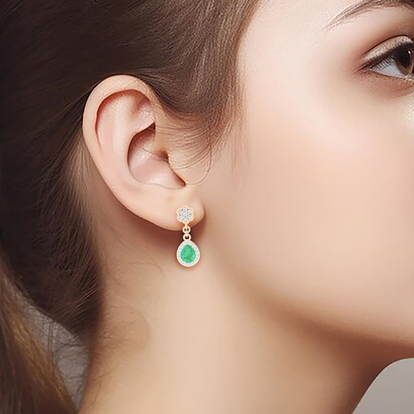 Zambian Emerald Drop Earrings with White Diamond in 18Kt Gold 0.85cts