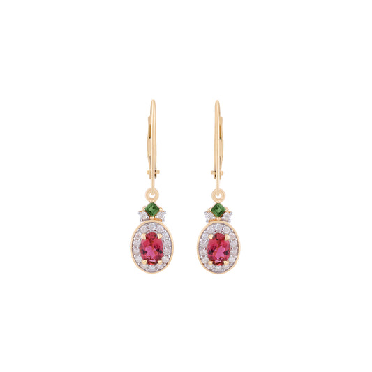 Pink & Green Tourmaline Earrings with White Diamond in 14KT Gold 1.34cts.
