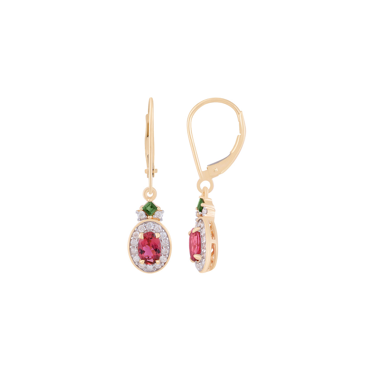 Pink & Green Tourmaline Earrings with White Diamond in 14KT Gold 1.34cts.