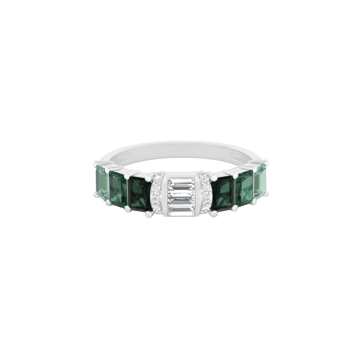 Green Sapphire Ring with White Diamond in 14Kt White Gold 1.92cts