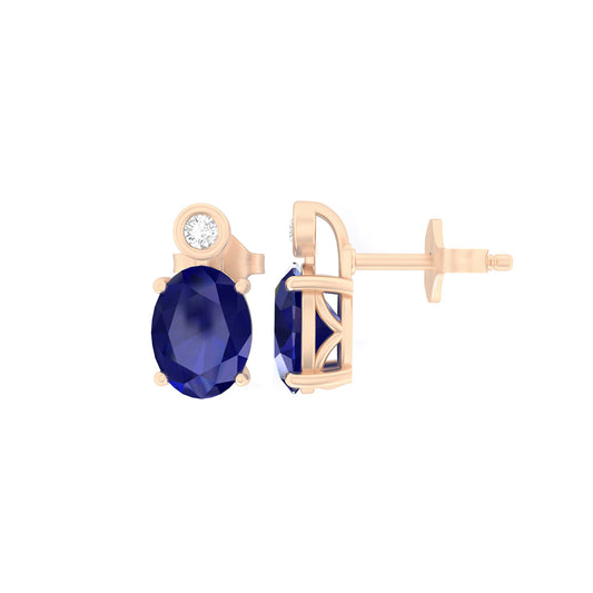 Glass Filled Sapphire Stud Earrings with White Diamond in 18Kt Gold 4.07cts