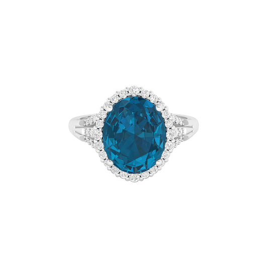 London Blue Topaz Ring with White Diamond in 18Kt White Gold 4.98cts