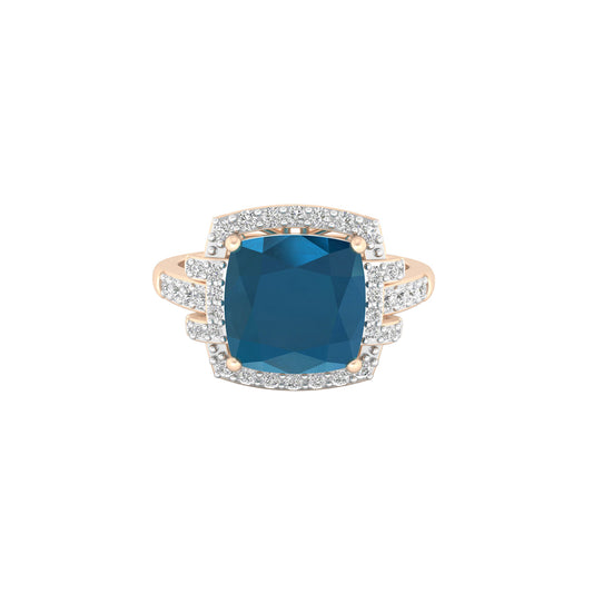 London Blue Topaz Ring with White Diamond in 18Kt Gold 3.03cts