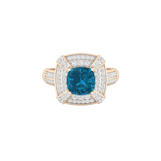 London Blue Topaz Ring with White Diamond in 18Kt Gold 2.08cts