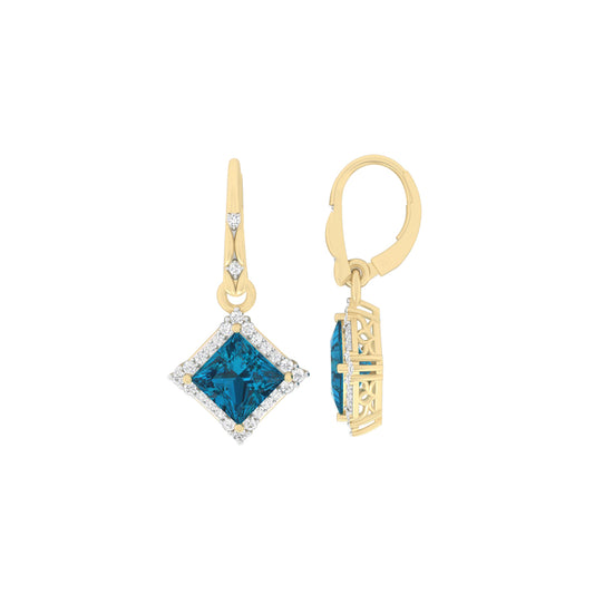 London Blue Topaz Earrings with White Diamond in 18Kt Gold 4.57cts