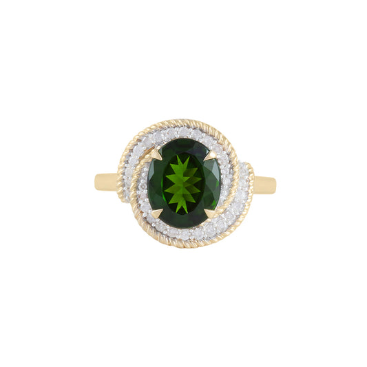 Chrome Diopside Ring with White Diamond in 14KT Gold 2.96cts.