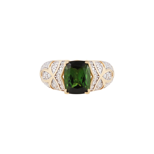 Green Tourmaline Ring with White Diamond in 14KT Gold 2.63cts.
