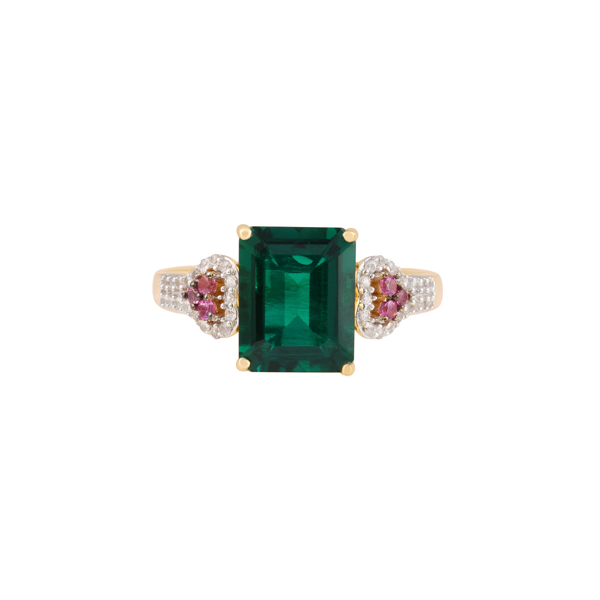 Emerald & Pink Sapphire Ring with White Diamond in 14KT Gold 3.38cts.