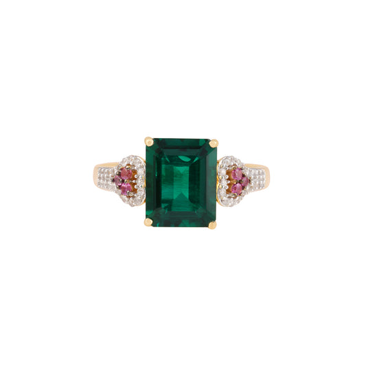 Emerald & Pink Sapphire Ring with White Diamond in 14KT Gold 3.38cts.