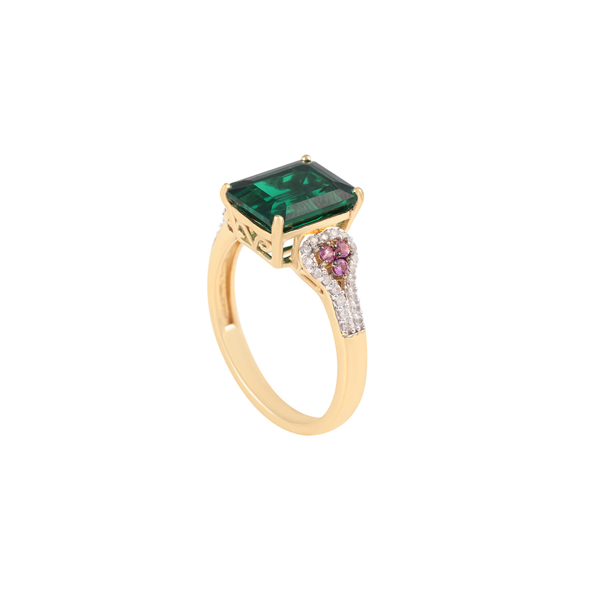 Emerald & Pink Sapphire Ring with White Diamond in 14KT Gold 3.38cts.