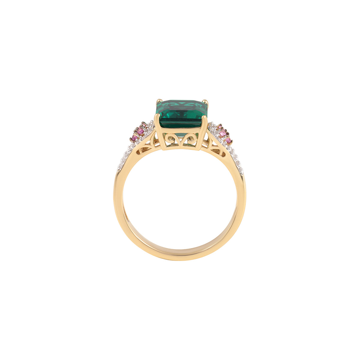 Emerald & Pink Sapphire Ring with White Diamond in 14KT Gold 3.38cts.