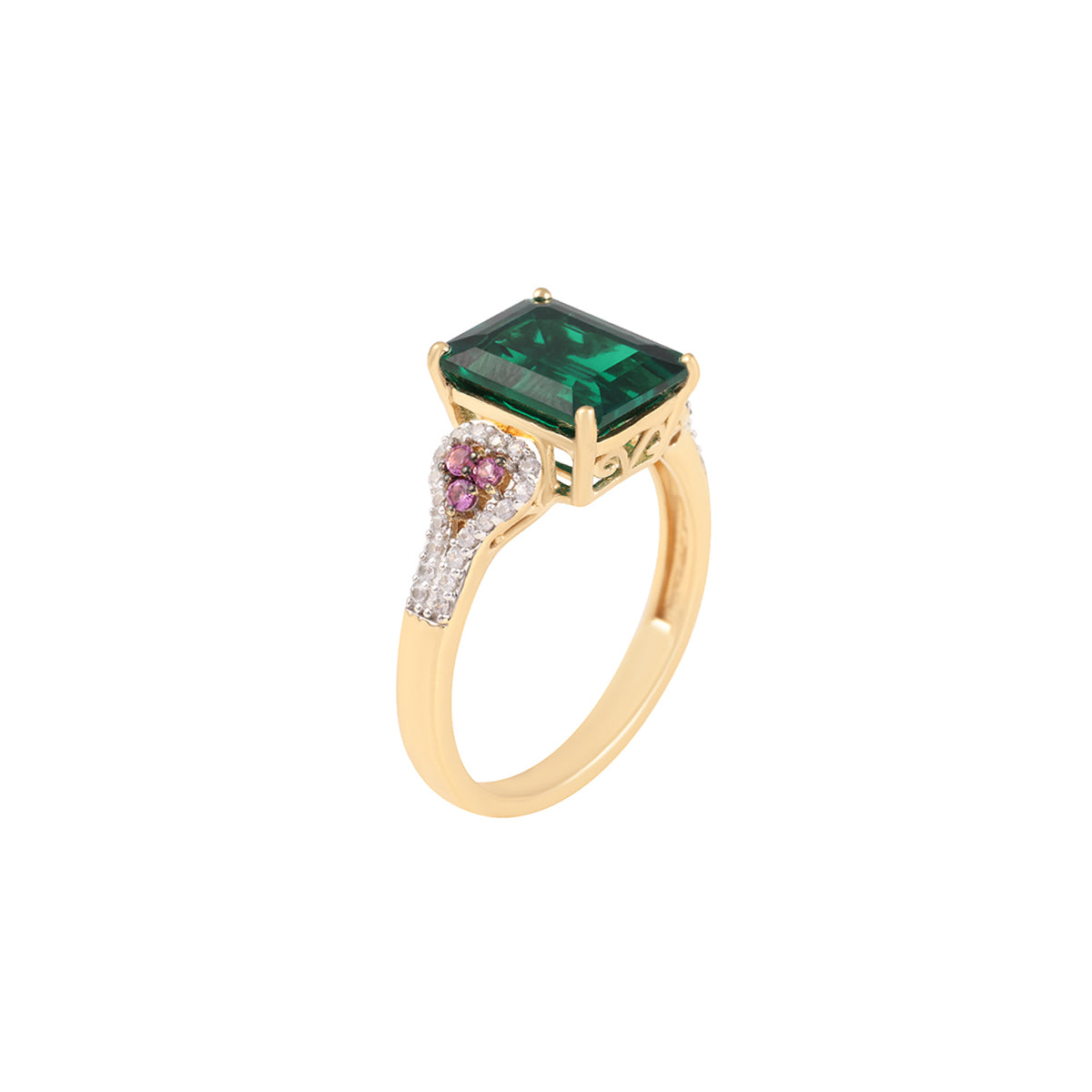 Emerald & Pink Sapphire Ring with White Diamond in 14KT Gold 3.38cts.