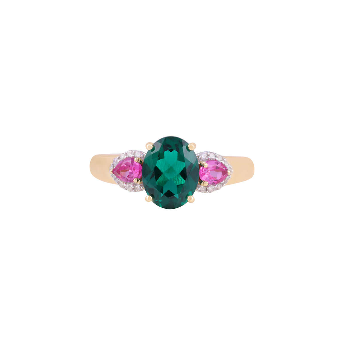 Emerald & Pink Sapphire Ring with White Diamond in 14KT Gold 2.29cts.
