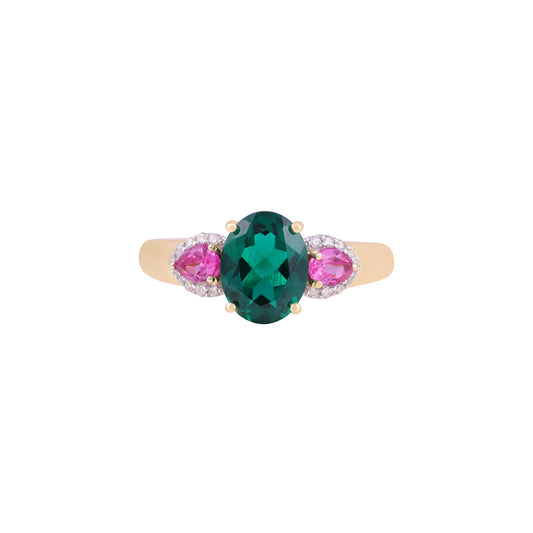 Emerald & Pink Sapphire Ring with White Diamond in 14KT Gold 2.29cts.