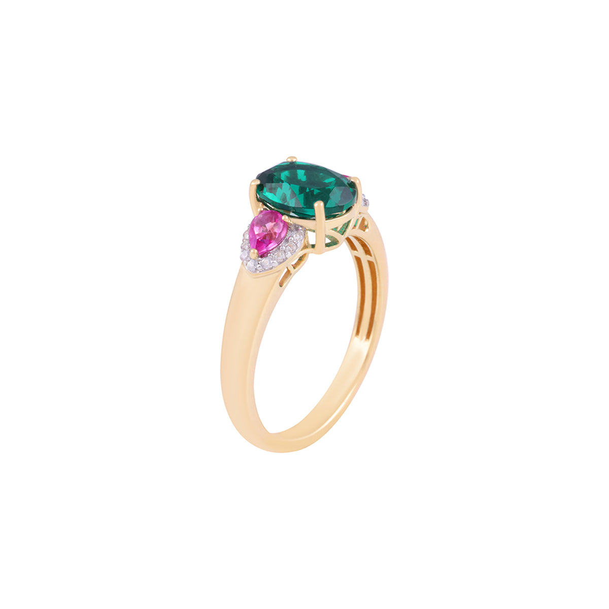Emerald & Pink Sapphire Ring with White Diamond in 14KT Gold 2.29cts.