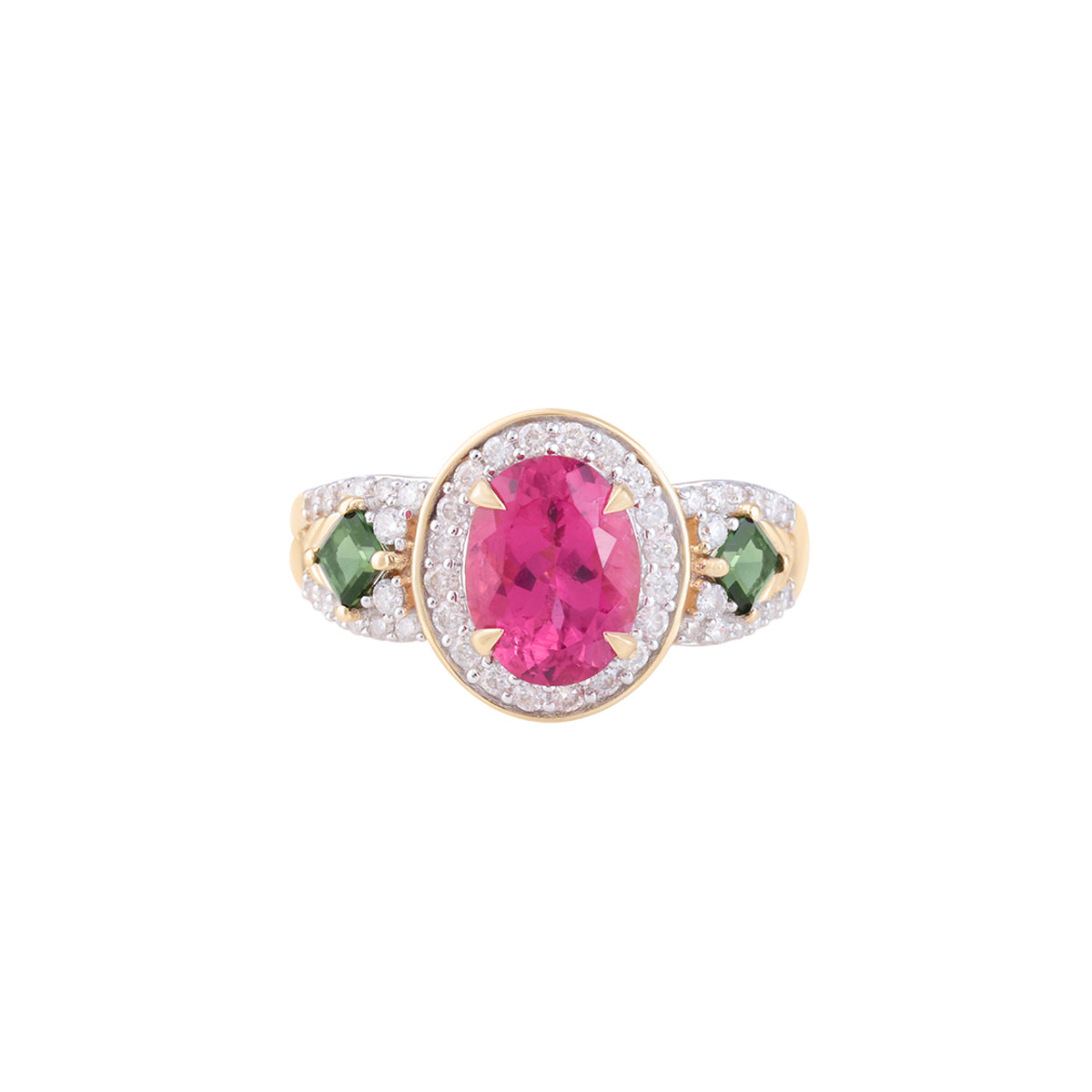 Pink & Green Tourmaline Rings with White Diamond in 14KT Gold 2.58cts.