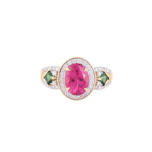 Pink & Green Tourmaline Rings with White Diamond in 14KT Gold 2.58cts.