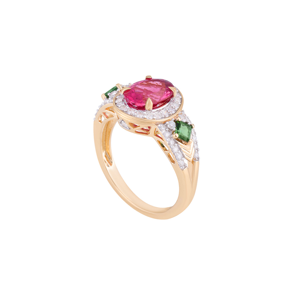 Pink & Green Tourmaline Rings with White Diamond in 14KT Gold 2.58cts.