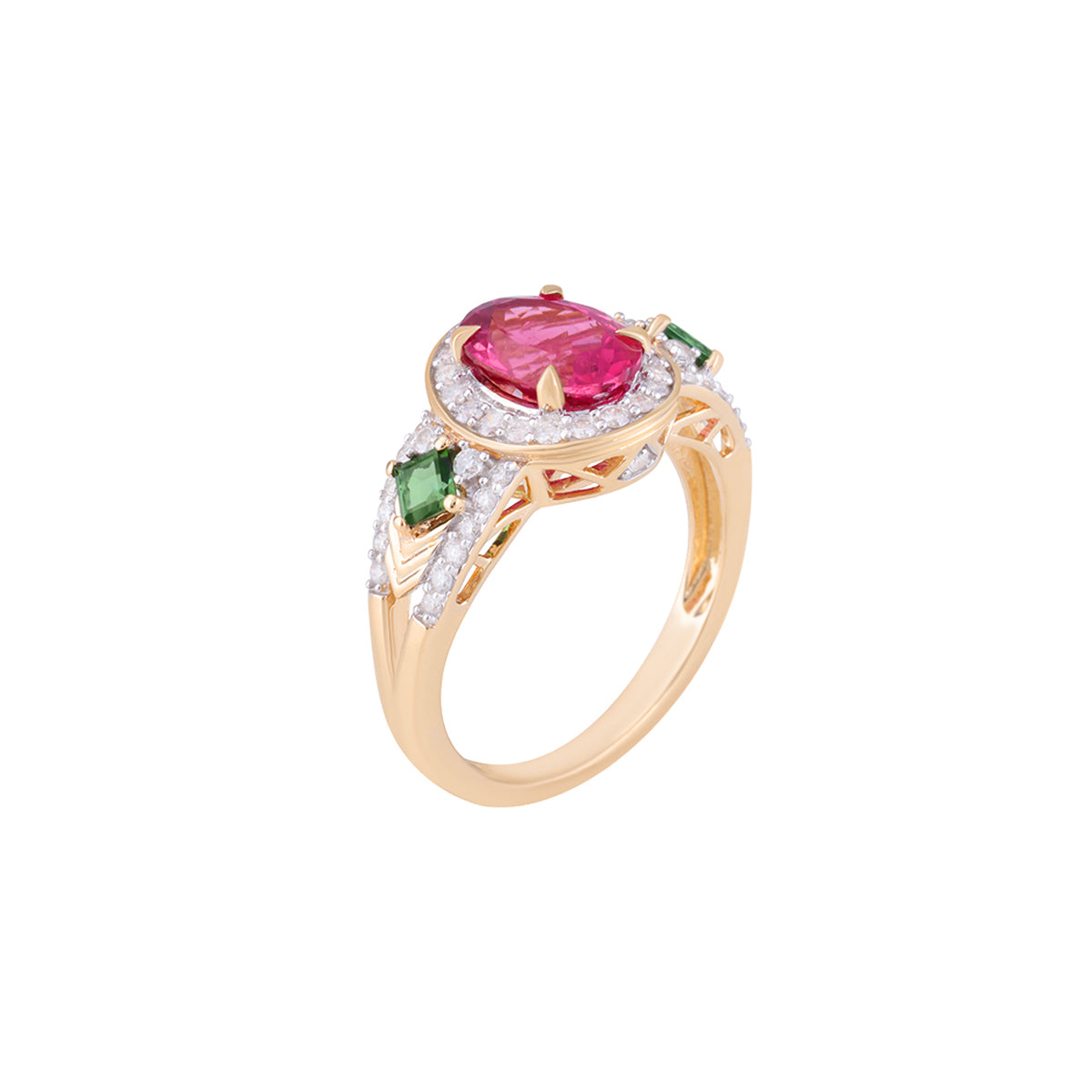 Pink & Green Tourmaline Rings with White Diamond in 14KT Gold 2.58cts.