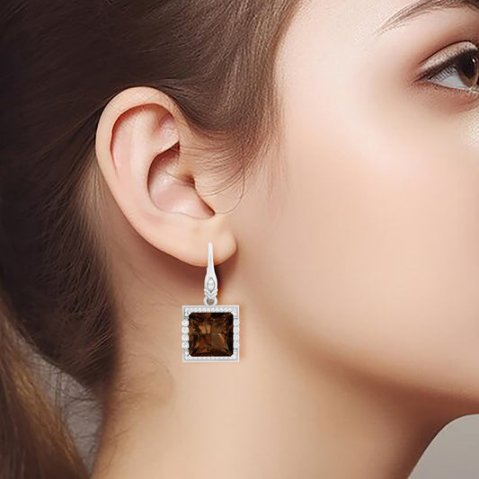 Smokey Quartz Dangle Earrings with White Diamond in 18Kt White Gold 11.96cts