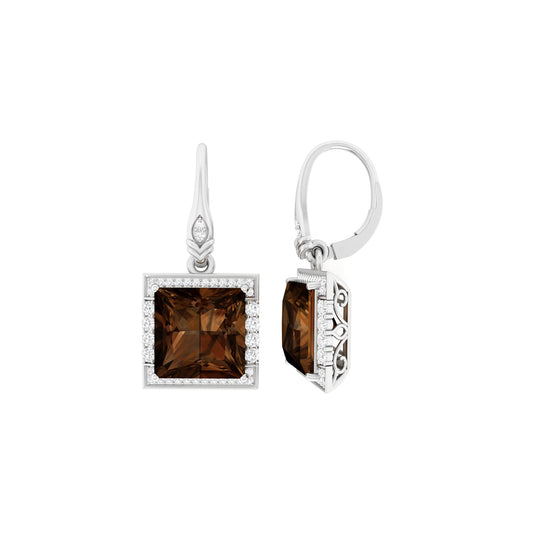 Smokey Quartz Dangle Earrings with White Diamond in 18Kt White Gold 11.96cts