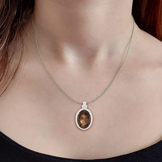 Smokey Quartz Pendant with White Diamond in 18Kt White Gold 11.16cts