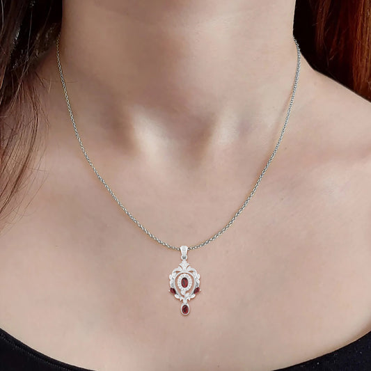 Red Garnet Pendant with White Diamond in Platinum 950 2.26cts.